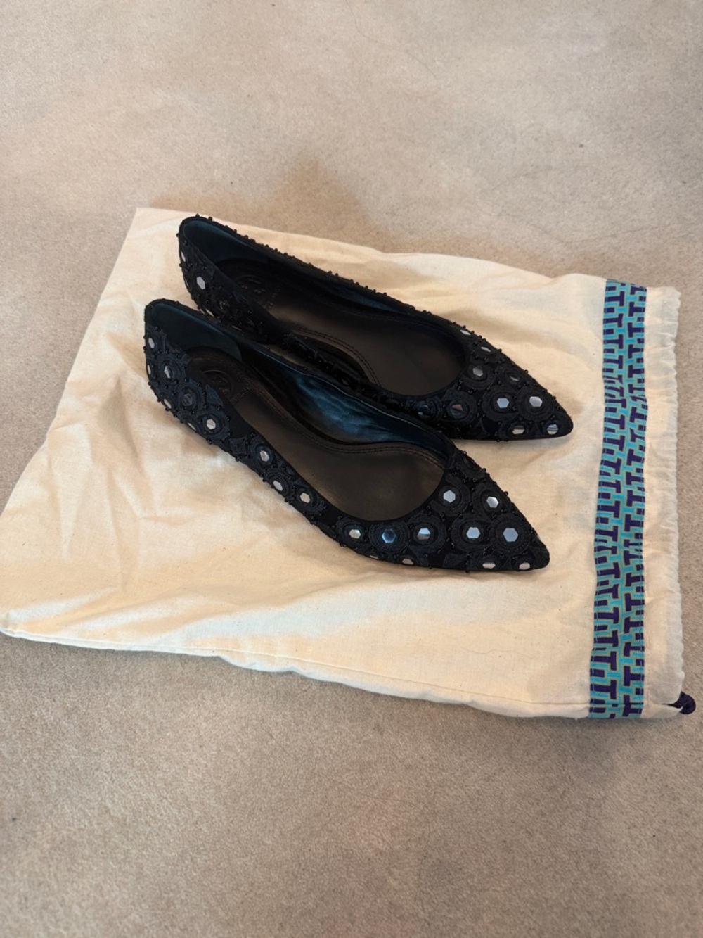 Tory Burch Black Pointed Mirror Ballet Flats